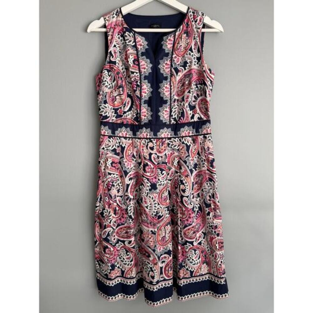 Talbots Petite 4P Paisley Dress Navy Pink Sleeveless Cotton Fit & Flare Summer